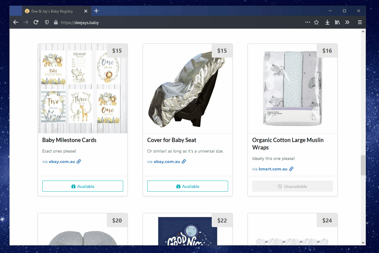 Website displaying list of items to choose to reserve